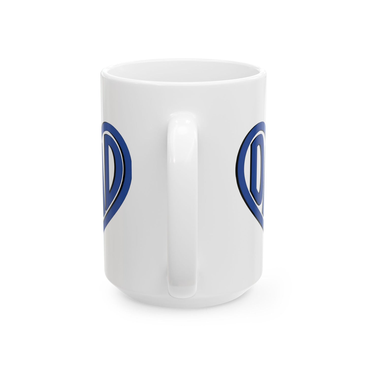 White mug with "Dad" text inside a heart.