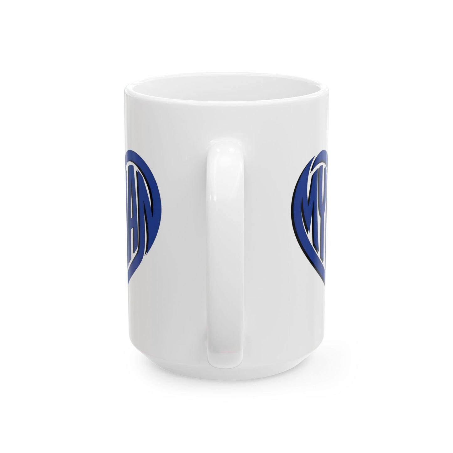 White mug with "My Man" text inside a heart.