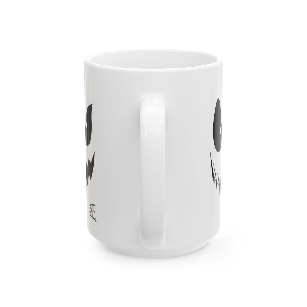 A white ceramic mug with a handle, featuring a black graphic print of a stylized face on the side, shown against a plain white background.