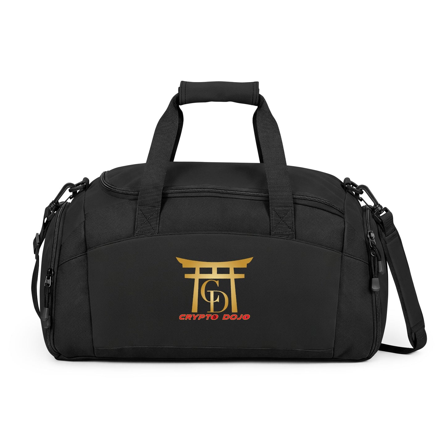 Crypto Dojo duffel bag with the logo on it.