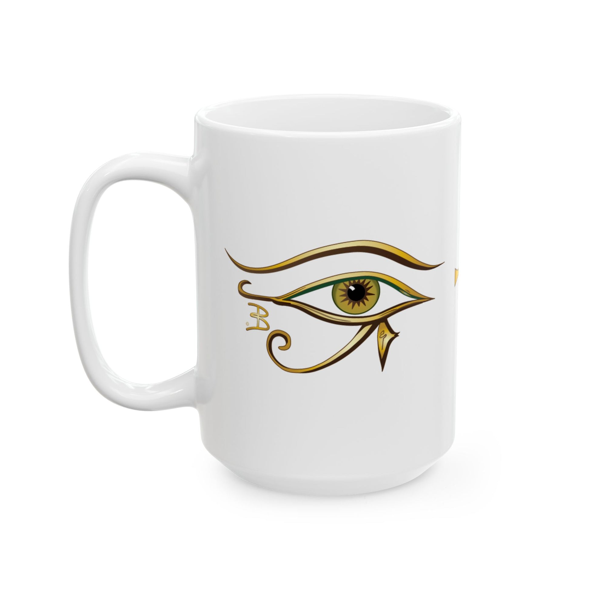 A white 15oz ceramic coffee mug featuring a stylized Egyptian Eye of Horus graphic with a hazel iris printed on the side, set against a plain white background.