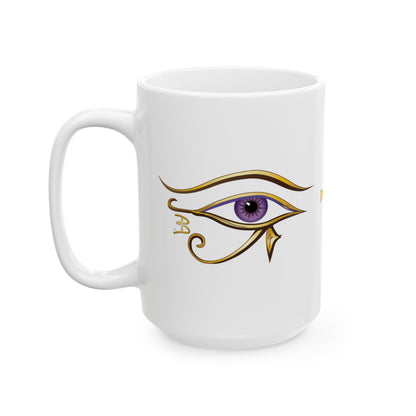 Eye of Horus, violet addition — 15oz ceramic mug  front view handle on left on white background.