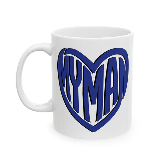 A white ceramic coffee mug featuring a blue heart-shaped graphic with the word 'MYMAN' in stylized lettering, set against a plain white background.