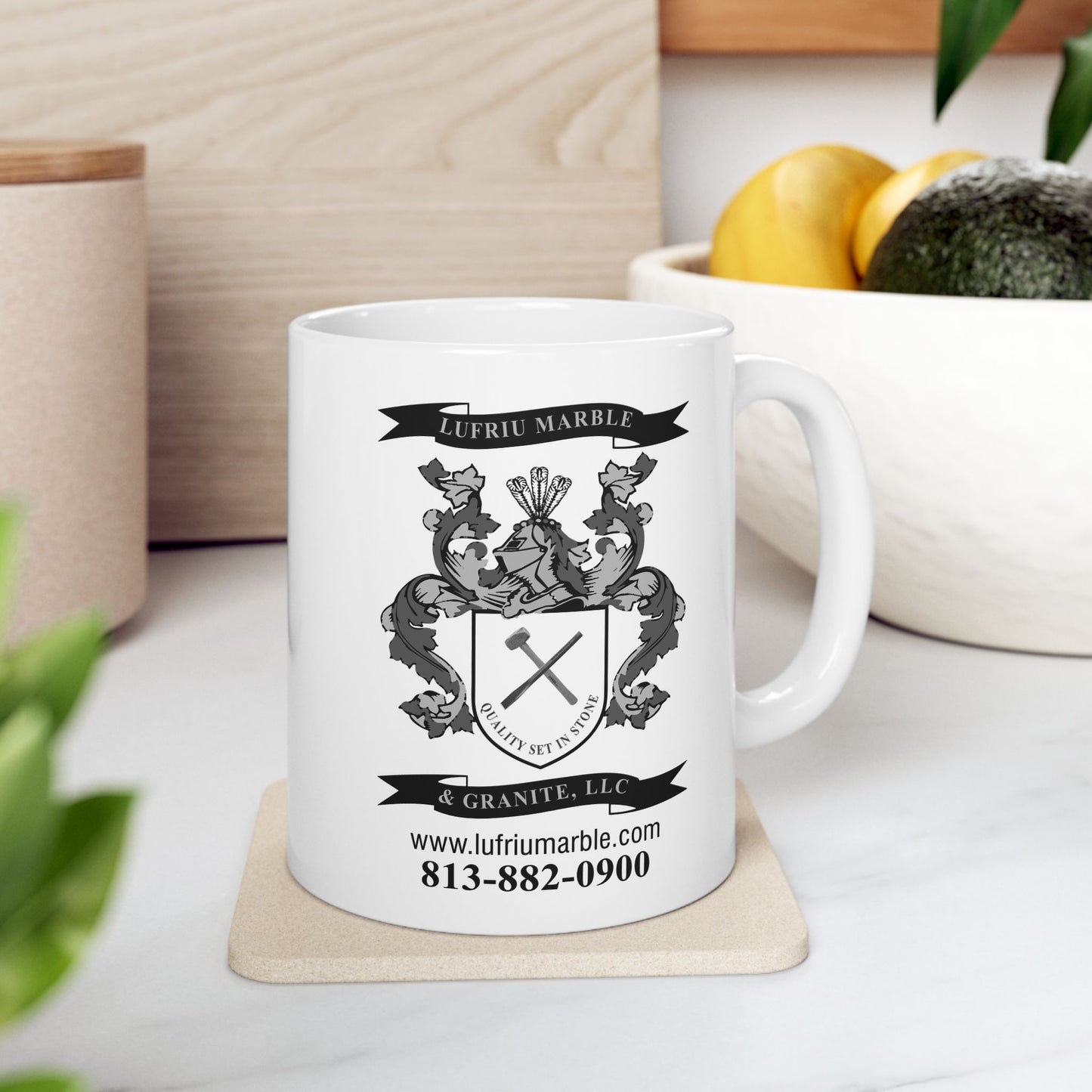 Lufriu marble and granite black and white logo coffee mug.