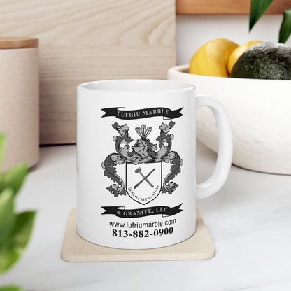Lufriu marble and granite black and white logo coffee mug.
