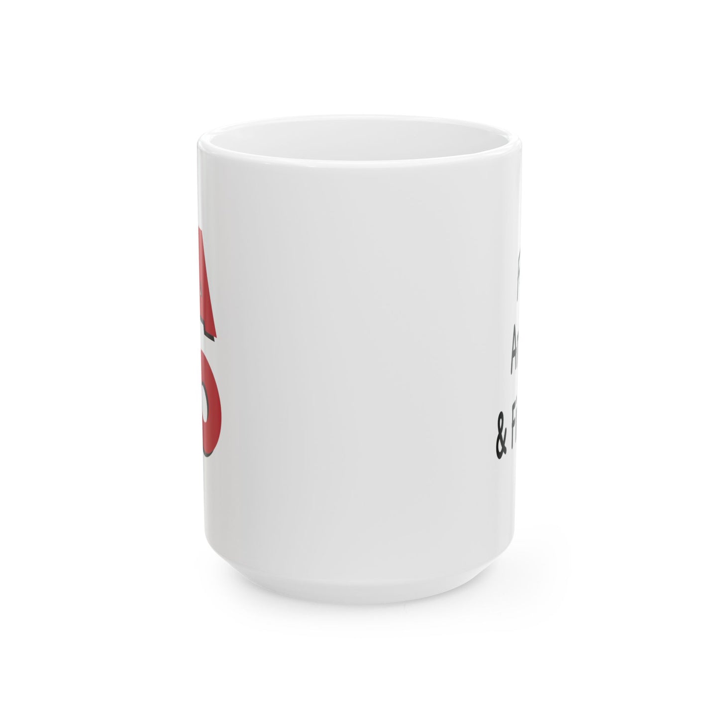 Side view of 15oz white ceramic FAFO mug featuring minimalist bold text design
