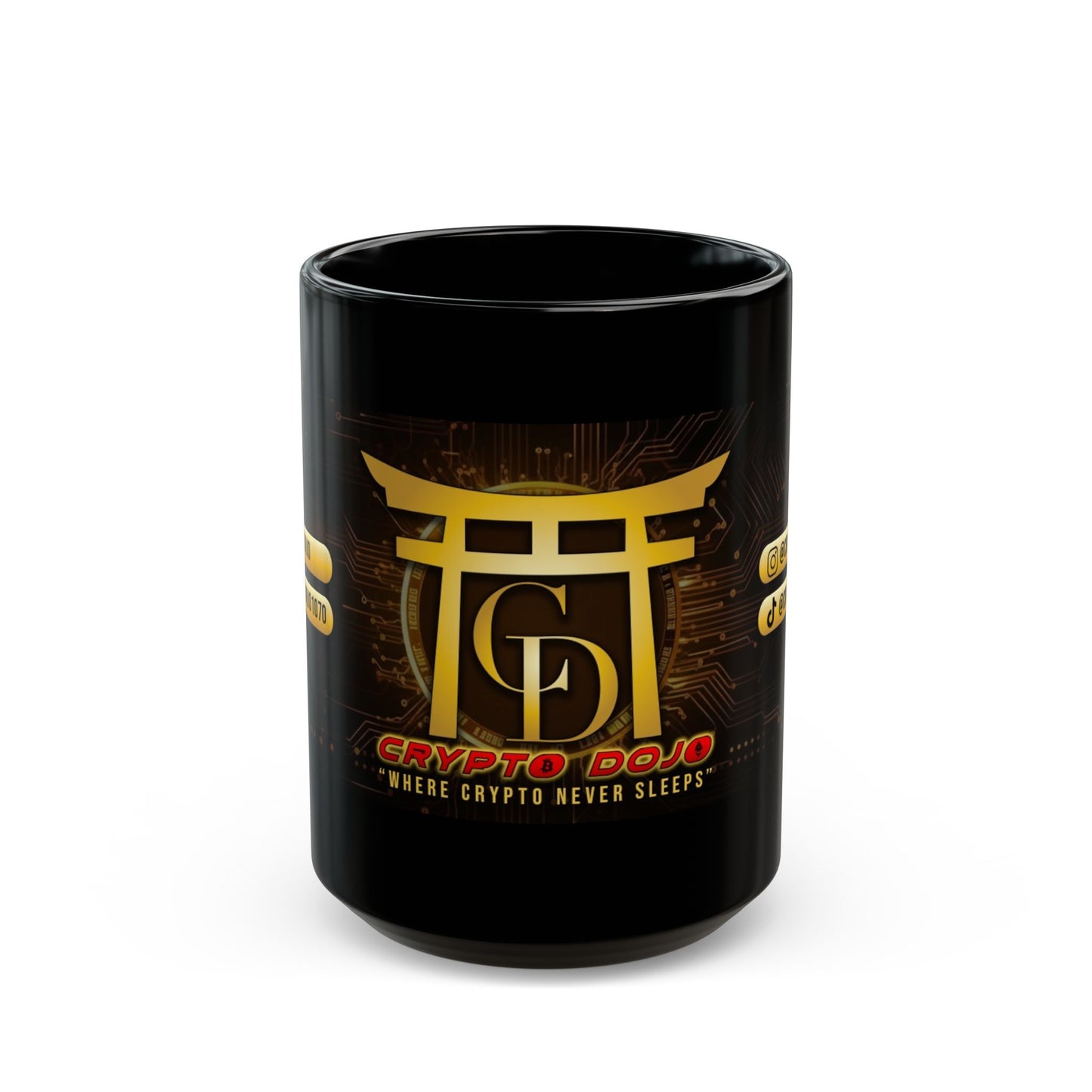 Black mug with Crypto Dojo banner logo.