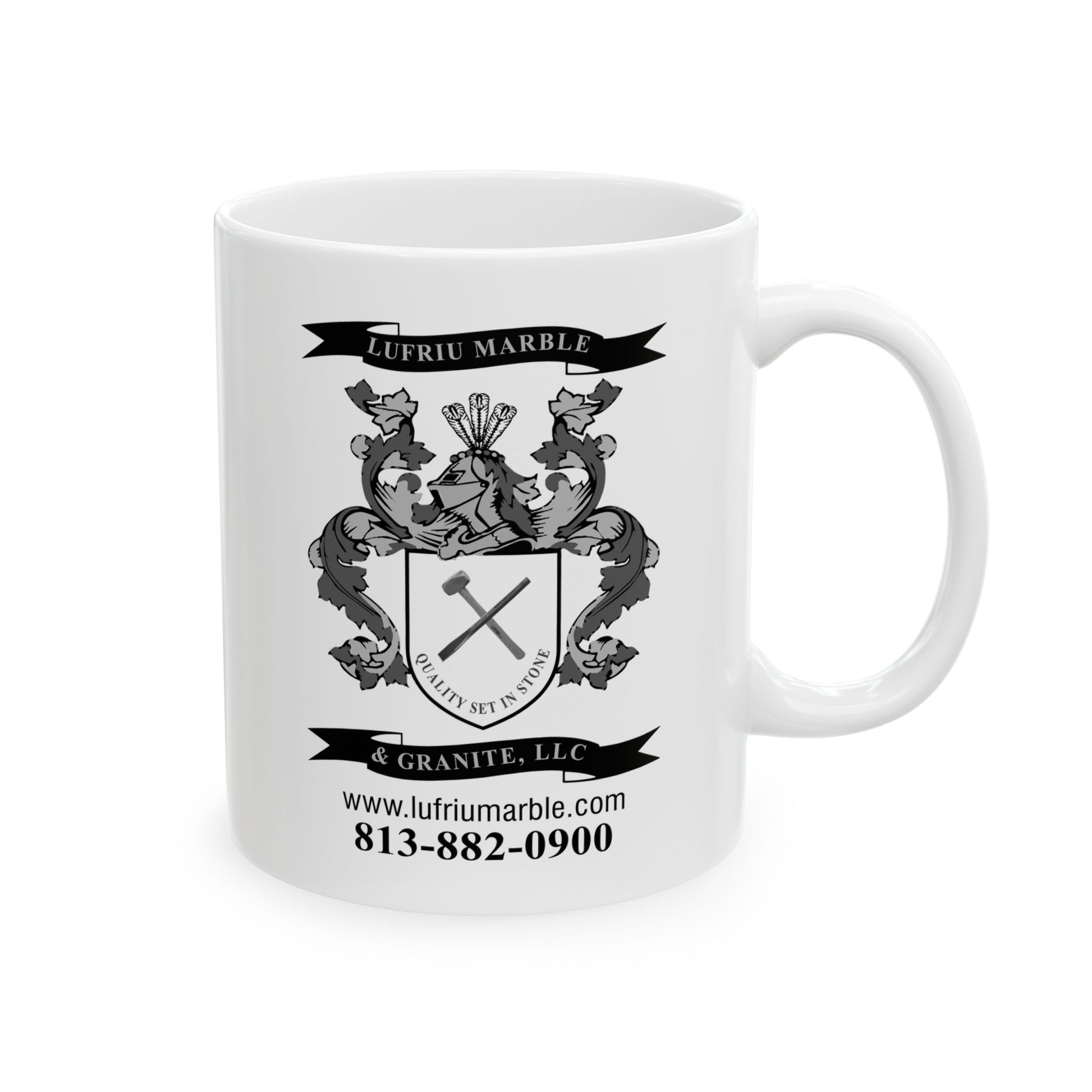 Lufriu marble and granite black and white logo coffee mug.