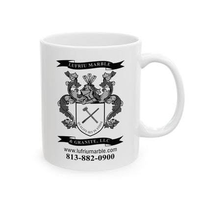 Lufriu marble and granite black and white logo coffee mug.