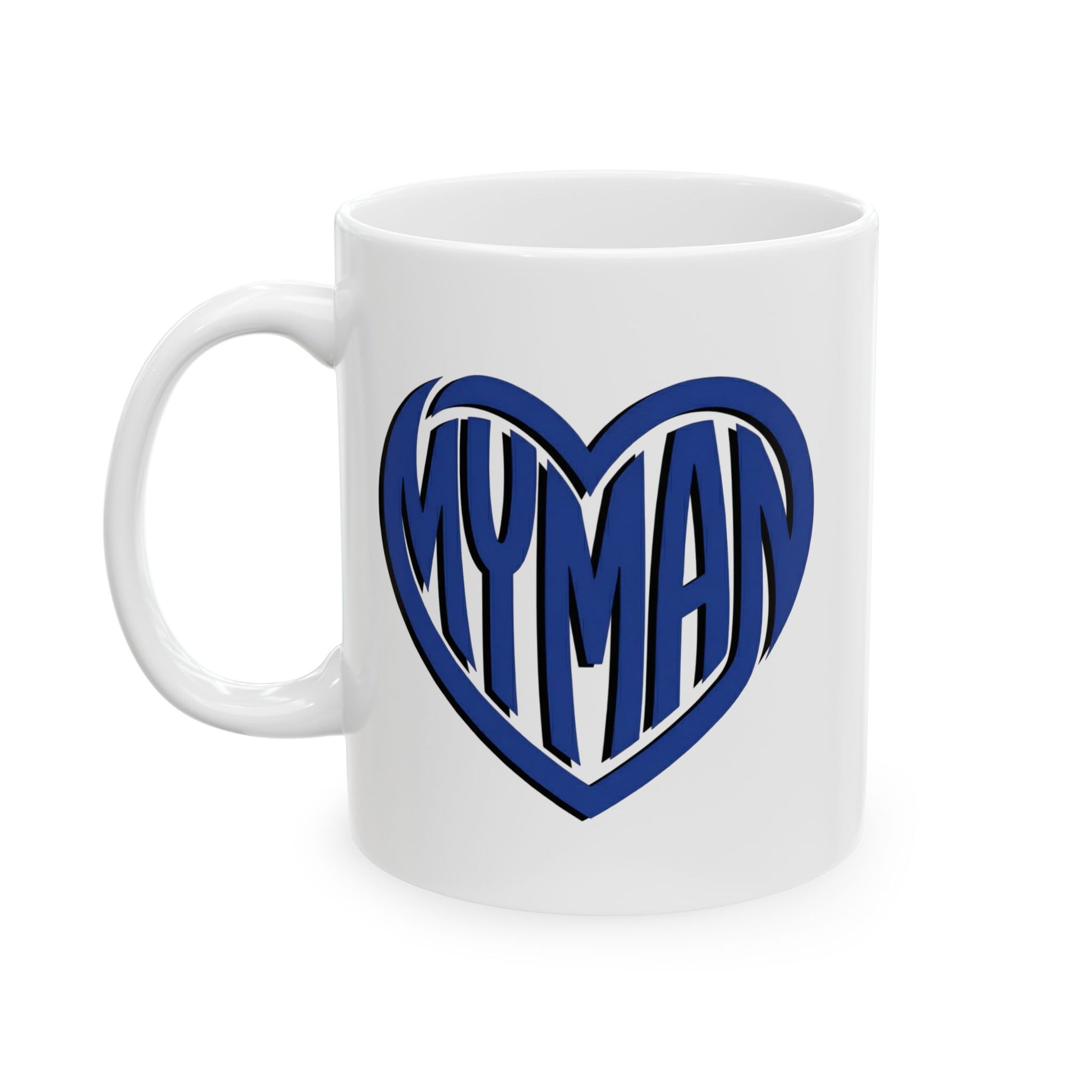 White mug with "My Man" text inside a heart.


