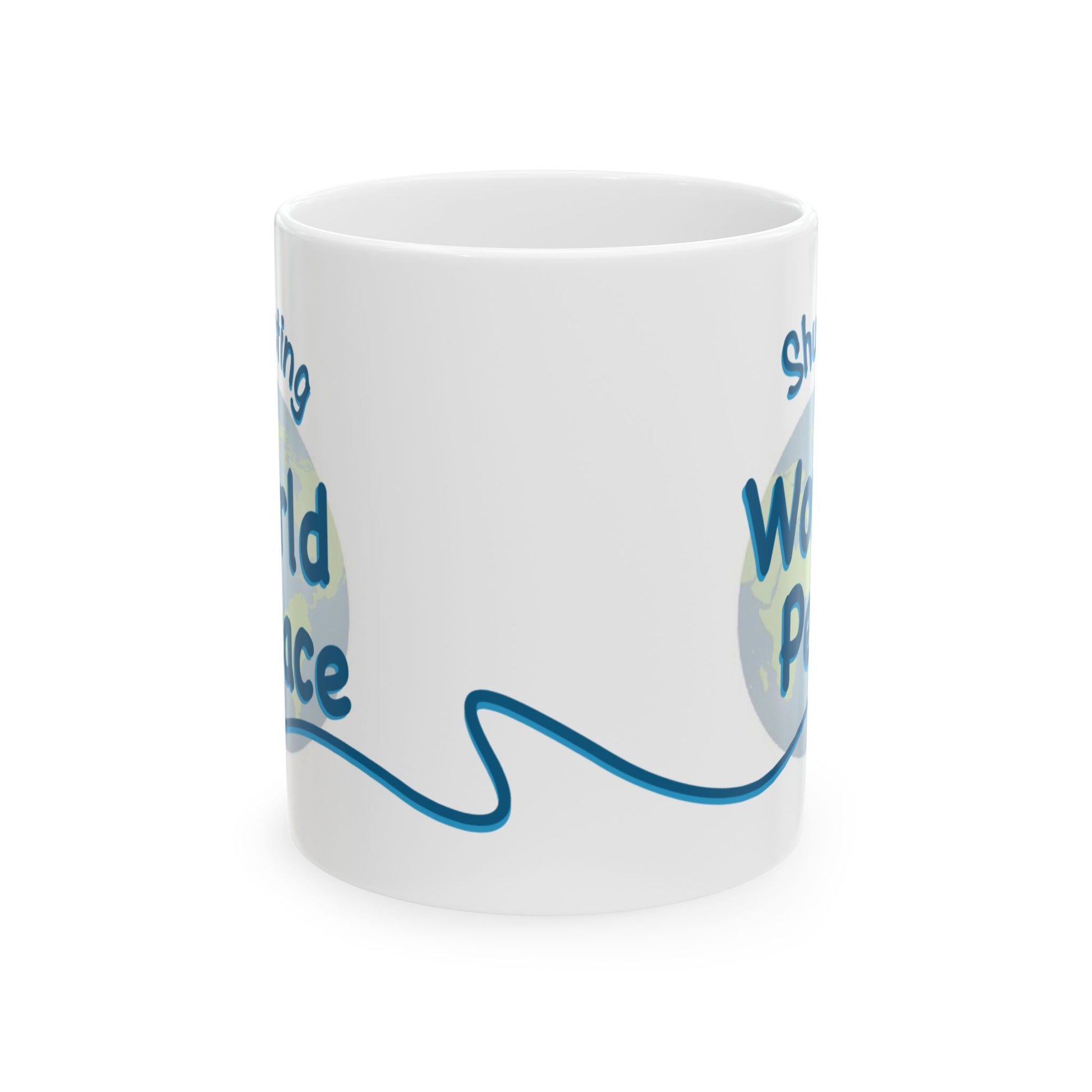 A white 10oz ceramic mug with a blue and light green graphic design featuring the words 'Shush, I'm Manifesting World Peace' on a clean white background.