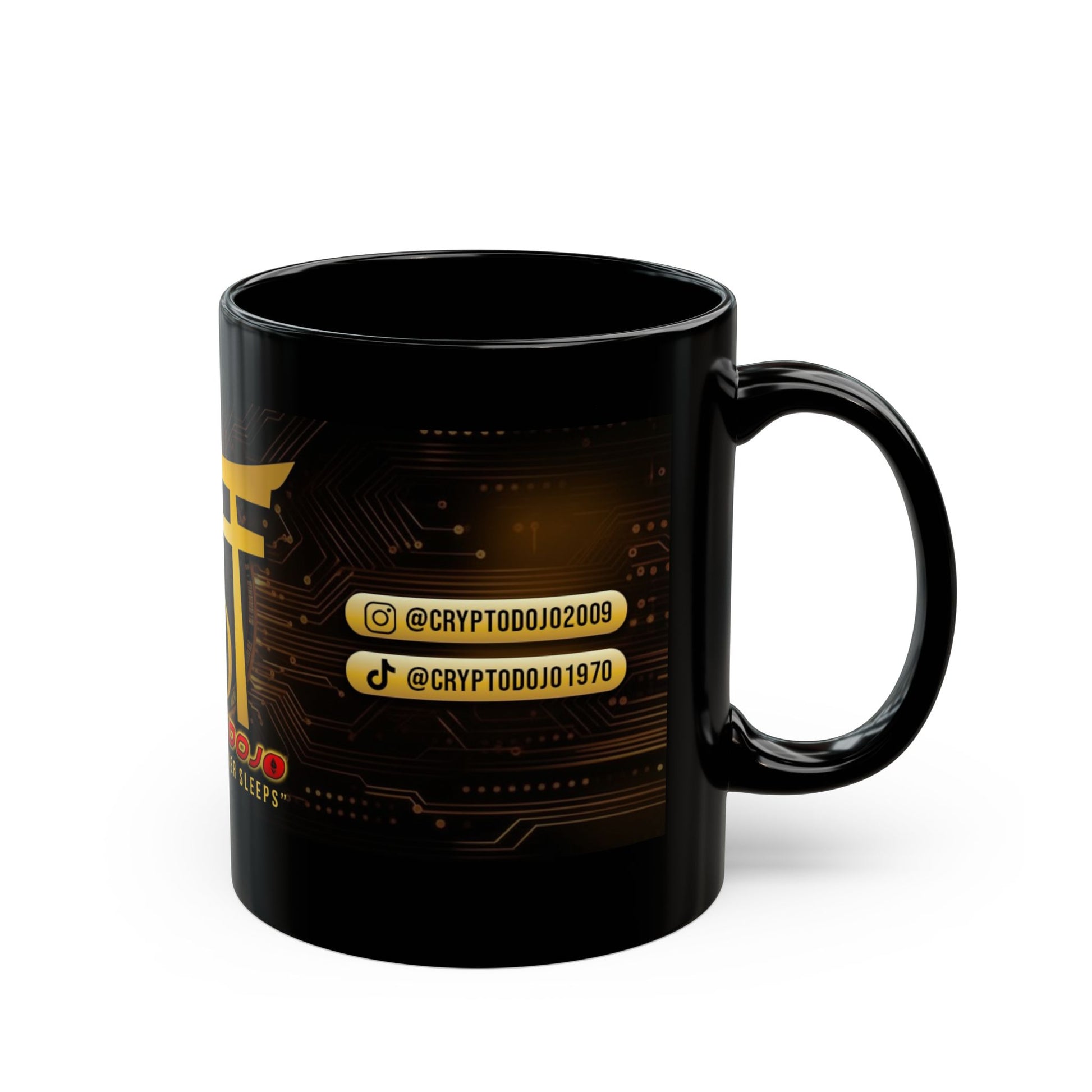 Black mug with Crypto Dojo banner logo.