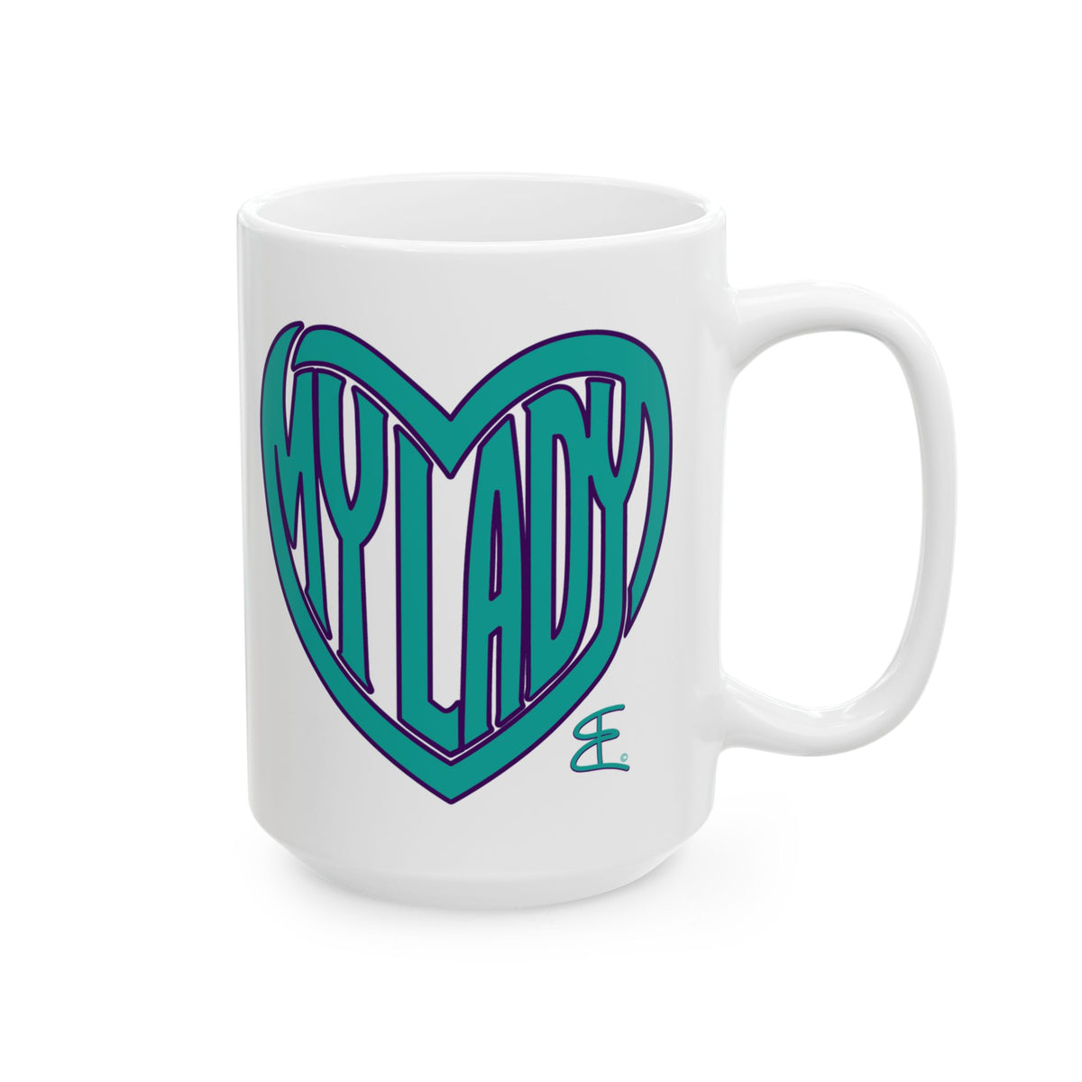 A white ceramic coffee mug featuring a teal and purple heart graphic with the word 'MY LADY' inside, on a clean white background.