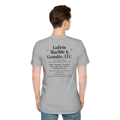 Model wearing Lufriu Logo Softstyle T-Shirt, showing the back design.