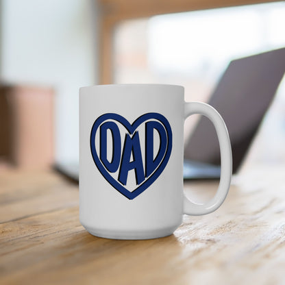 White mug with "Dad" text inside a heart.
