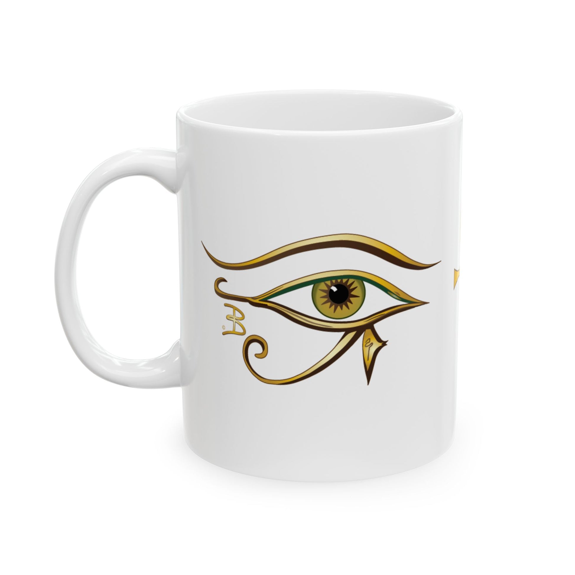 A white 11oz ceramic coffee mug featuring a stylized Egyptian Eye of Horus graphic. with a hazel iris printed on the side, set against a plain white background.