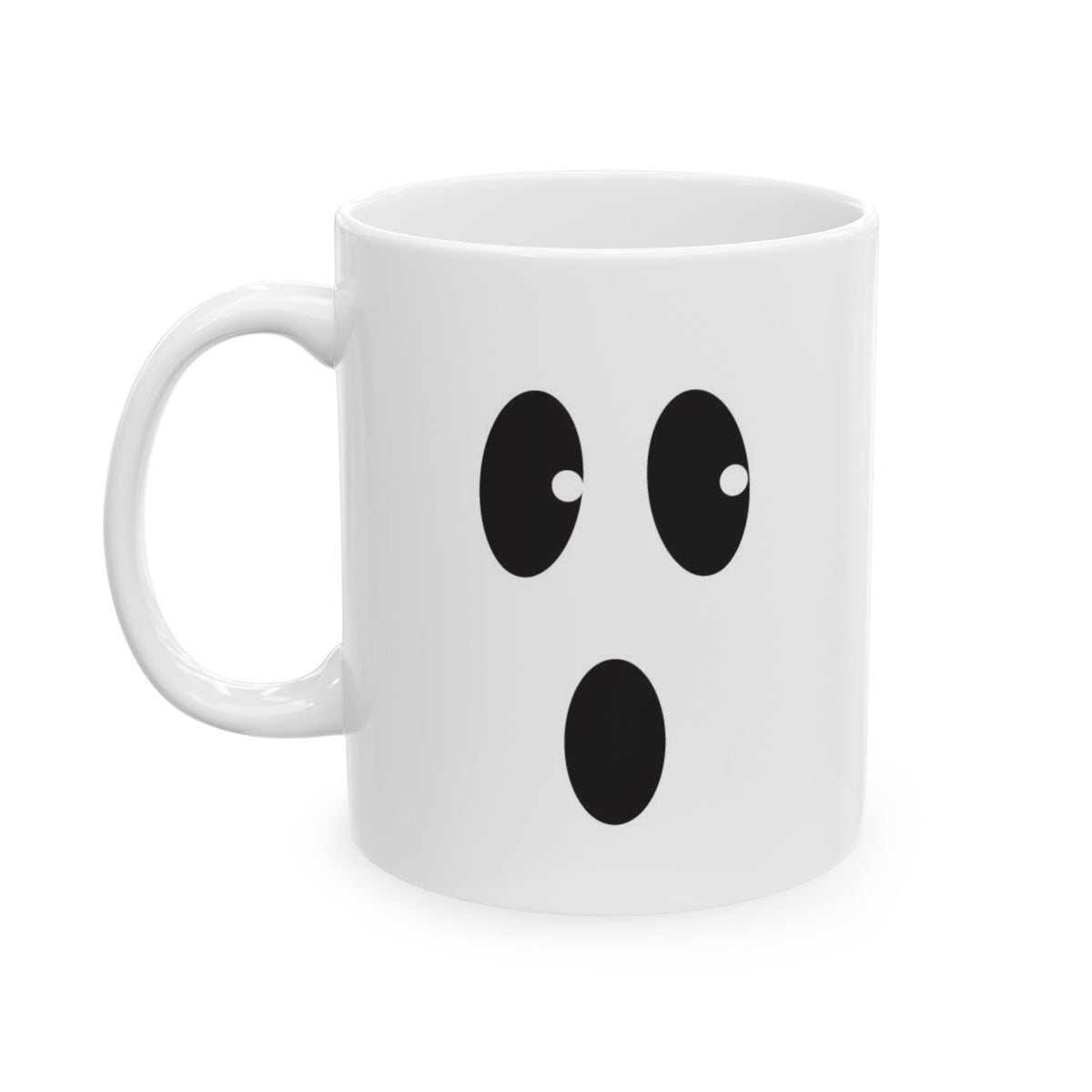 A white ceramic mug with a cartoon ghost face graphic on the front, set against a plain white background.
