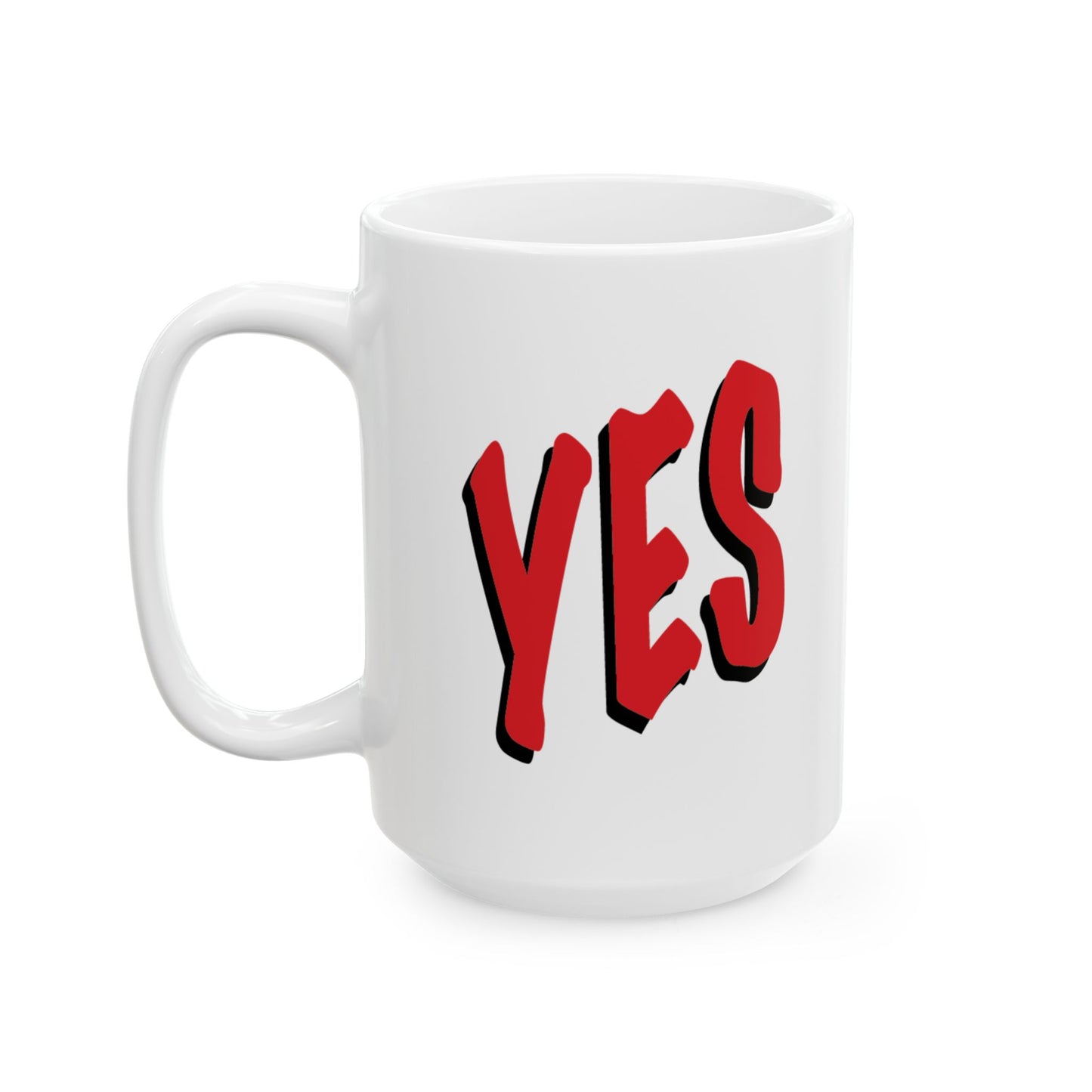 White ceramic YES coffee mug shown from an angled front view with bold red "YES" design.