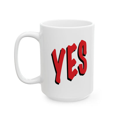 White ceramic YES coffee mug shown from an angled front view with bold red "YES" design.