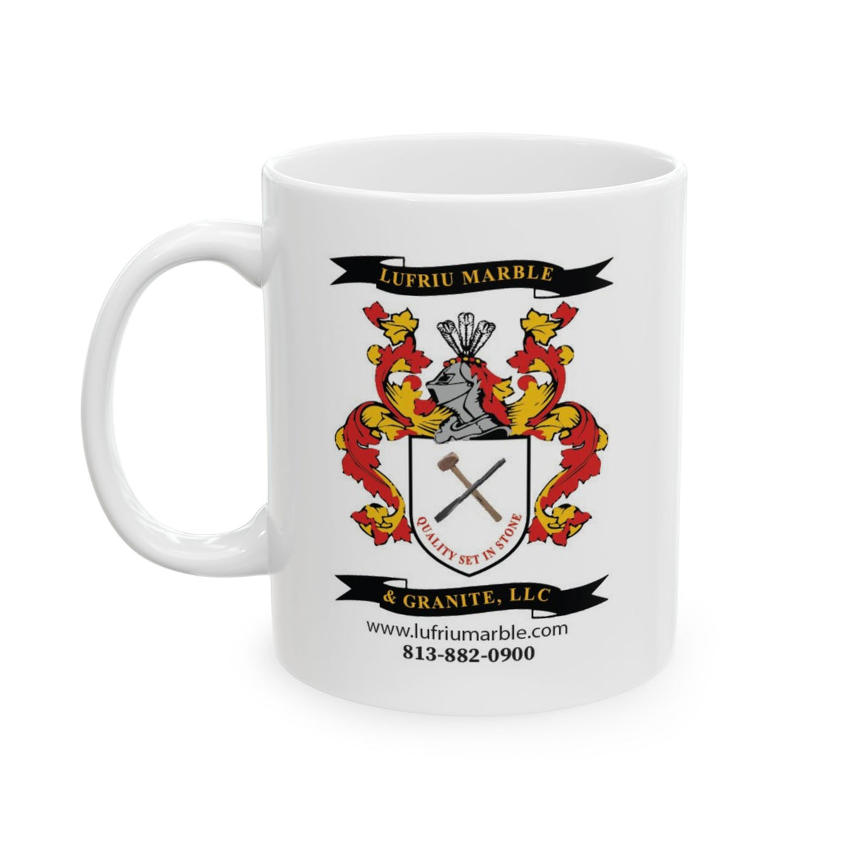 White ceramic mug featuring the full-color Lufriu Marble & Granite logo, left handle on white background