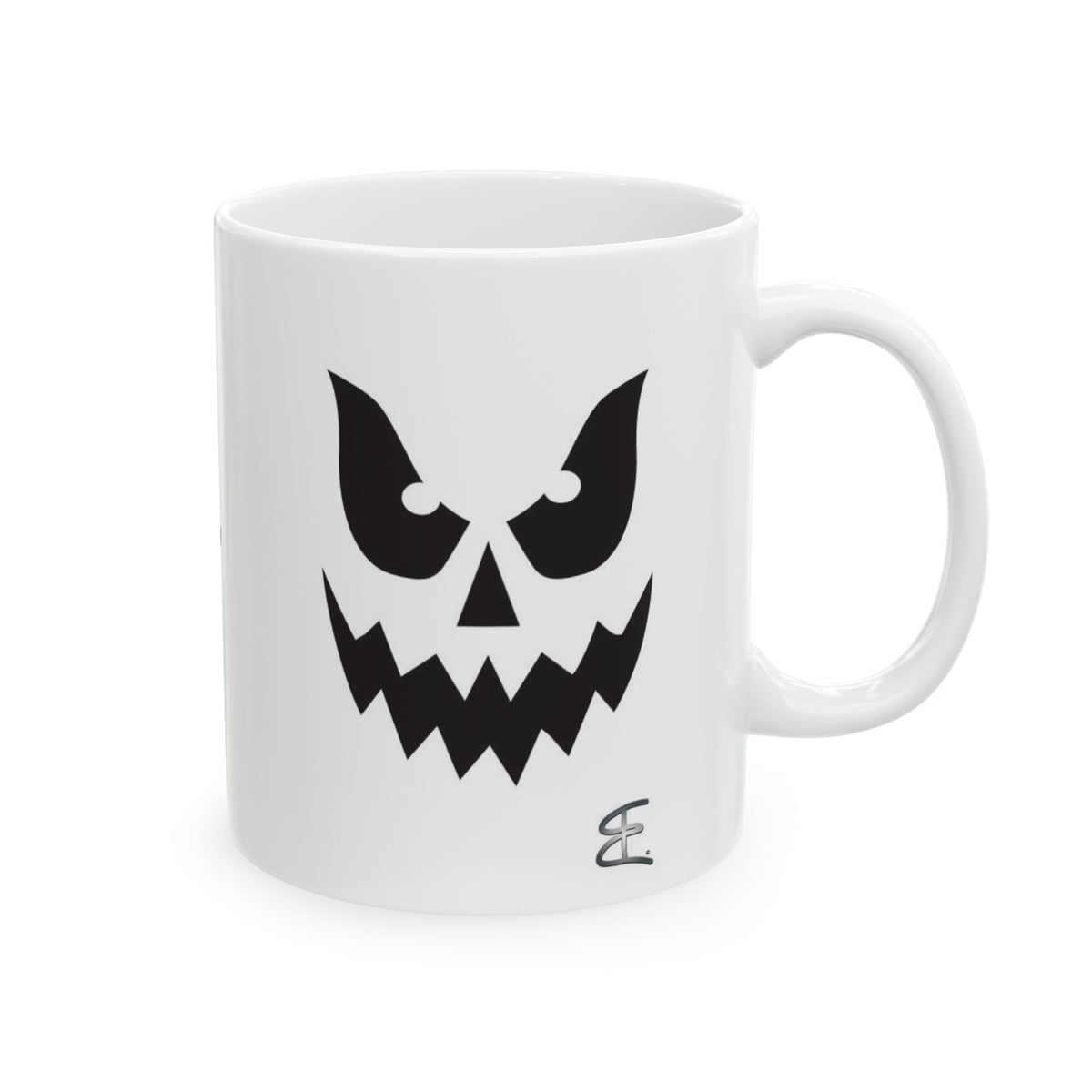 A white ceramic mug featuring a black graphic of a spooky ghost face, set against a plain white background.