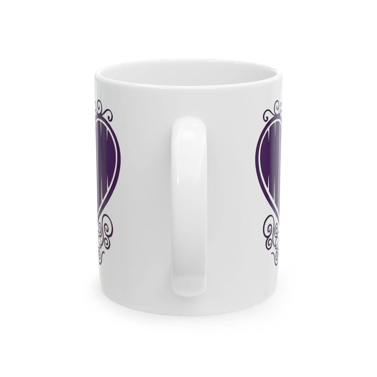 White ceramic mug with "Mom" printed in purple text inside a heart —  back handle view.