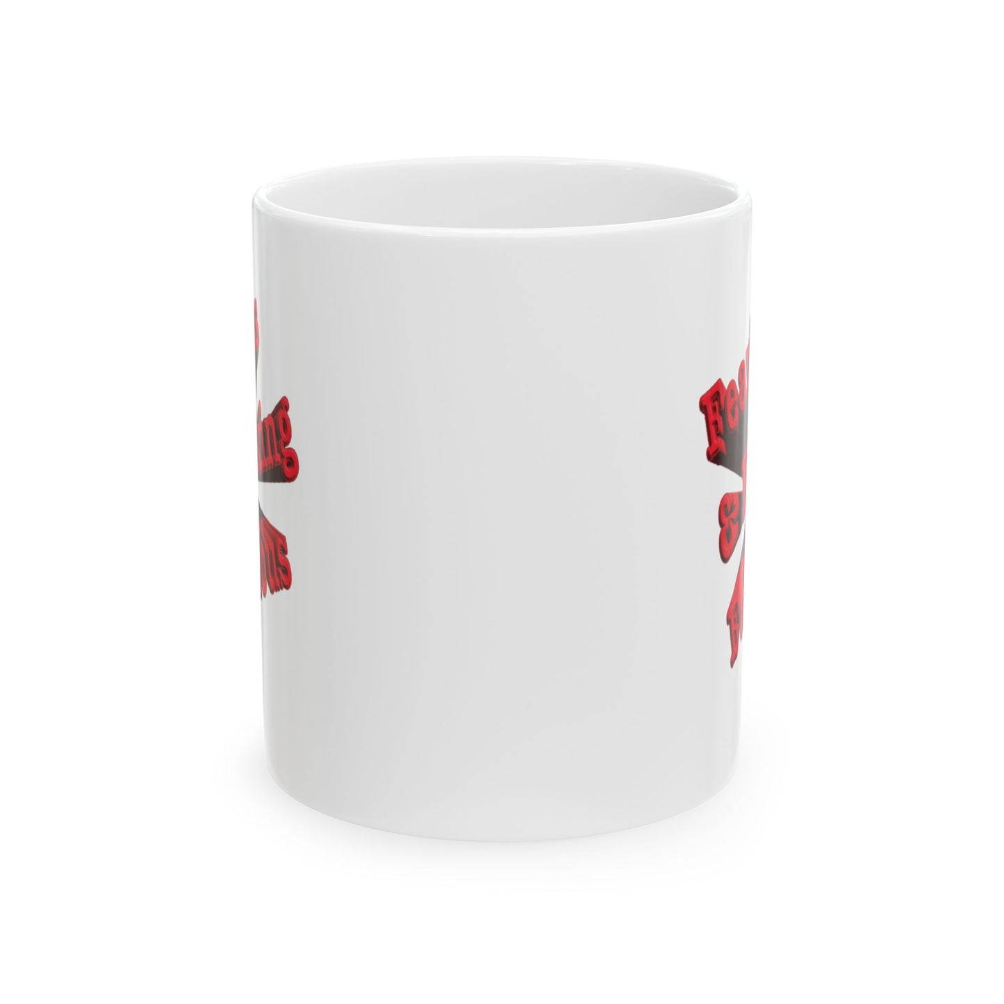 A white ceramic mug with a graphic design partially visible on the sides, front center shown against a plain white background