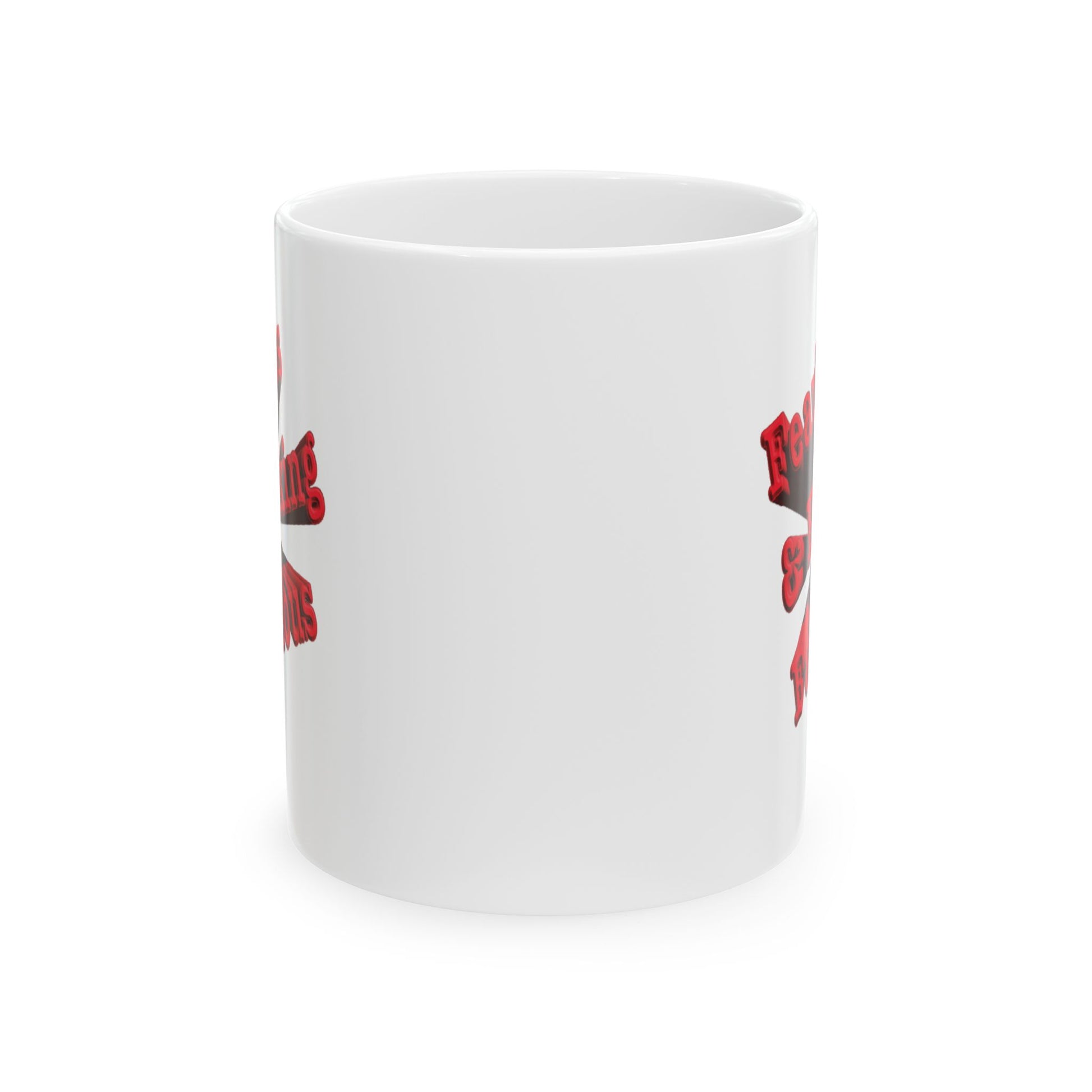 A white ceramic mug with a graphic design partially visible on the sides, front center shown against a plain white background