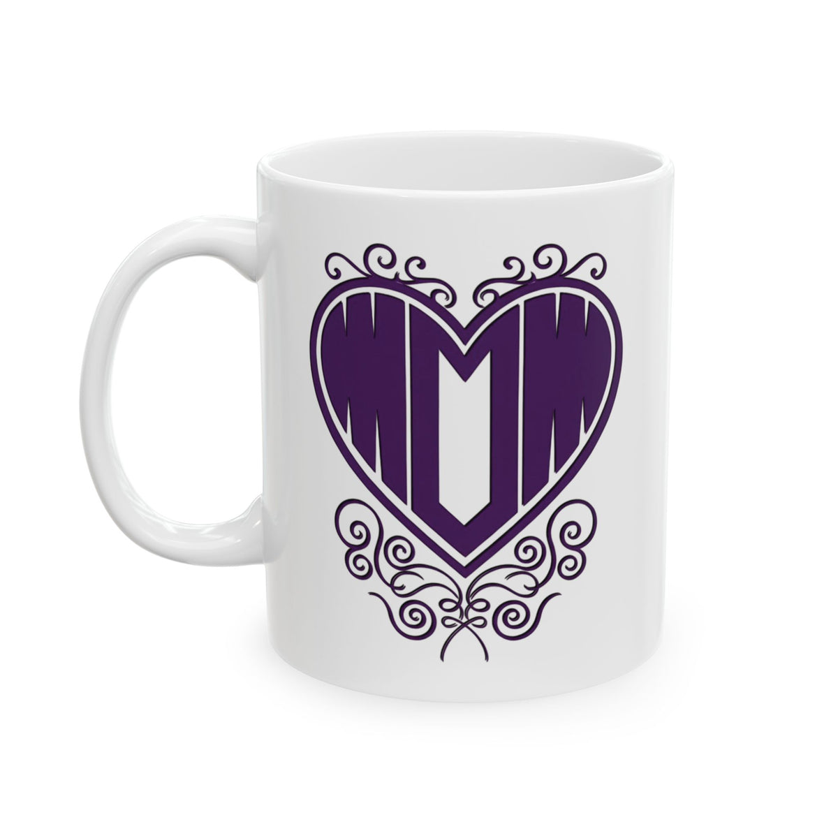 White ceramic mug with "Mom" printed in purple text inside a heart — front view handle on left on white background.