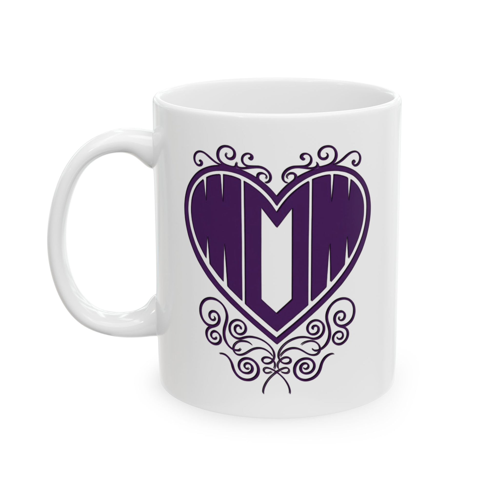 White ceramic mug with "Mom" printed in purple text inside a heart with decorative filigree, on a white background.