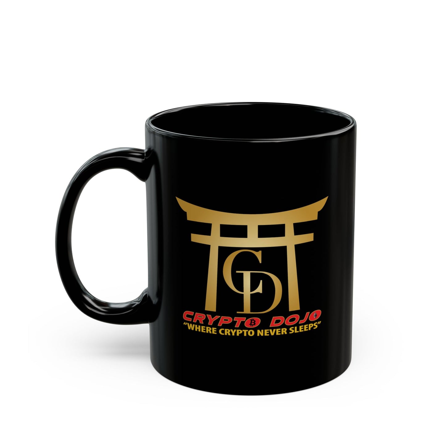 Black mug with full Crypto Dojo logo.