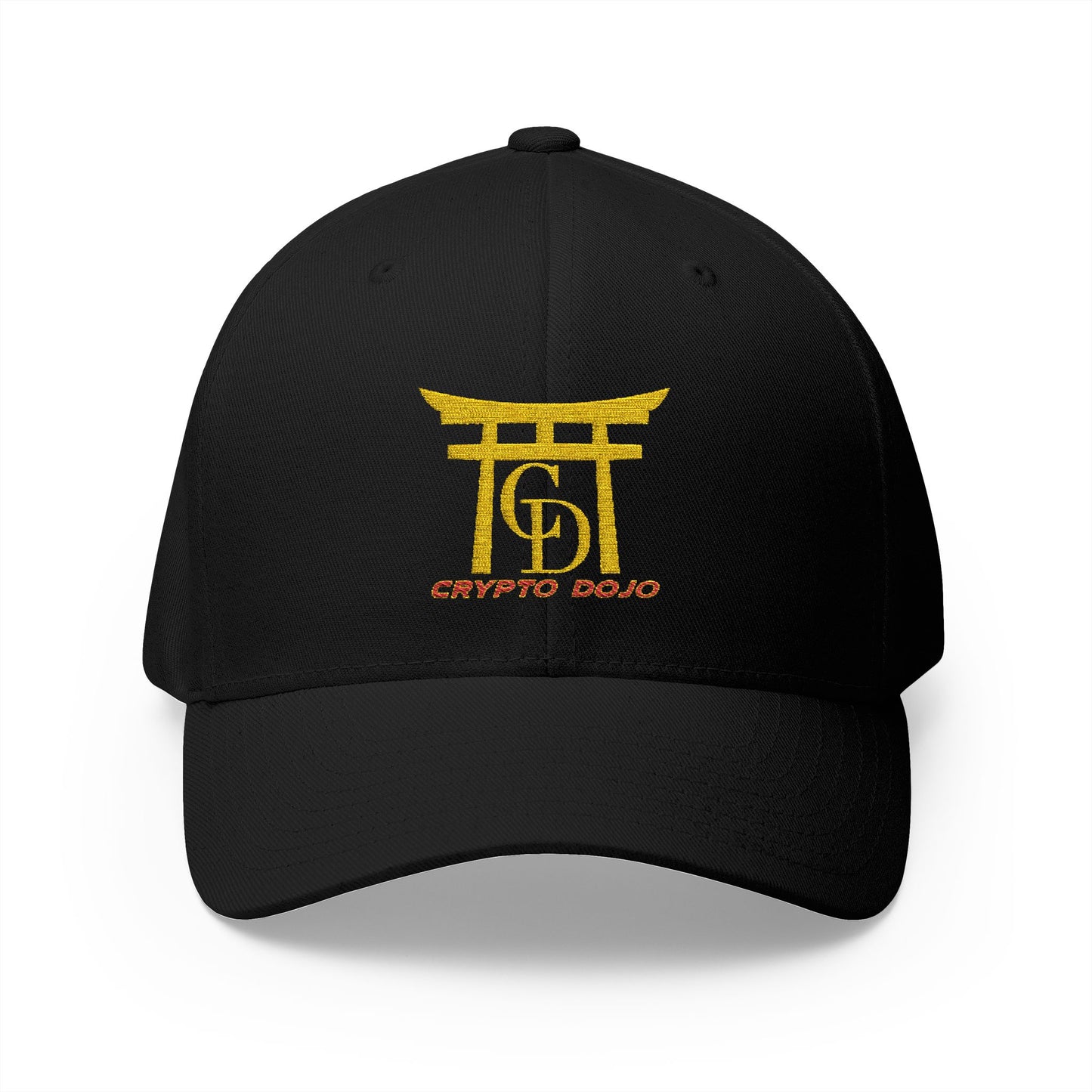 Black baseball cap with embroidered Crypto Dojo logo.