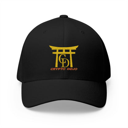 Black baseball cap with embroidered Crypto Dojo logo.