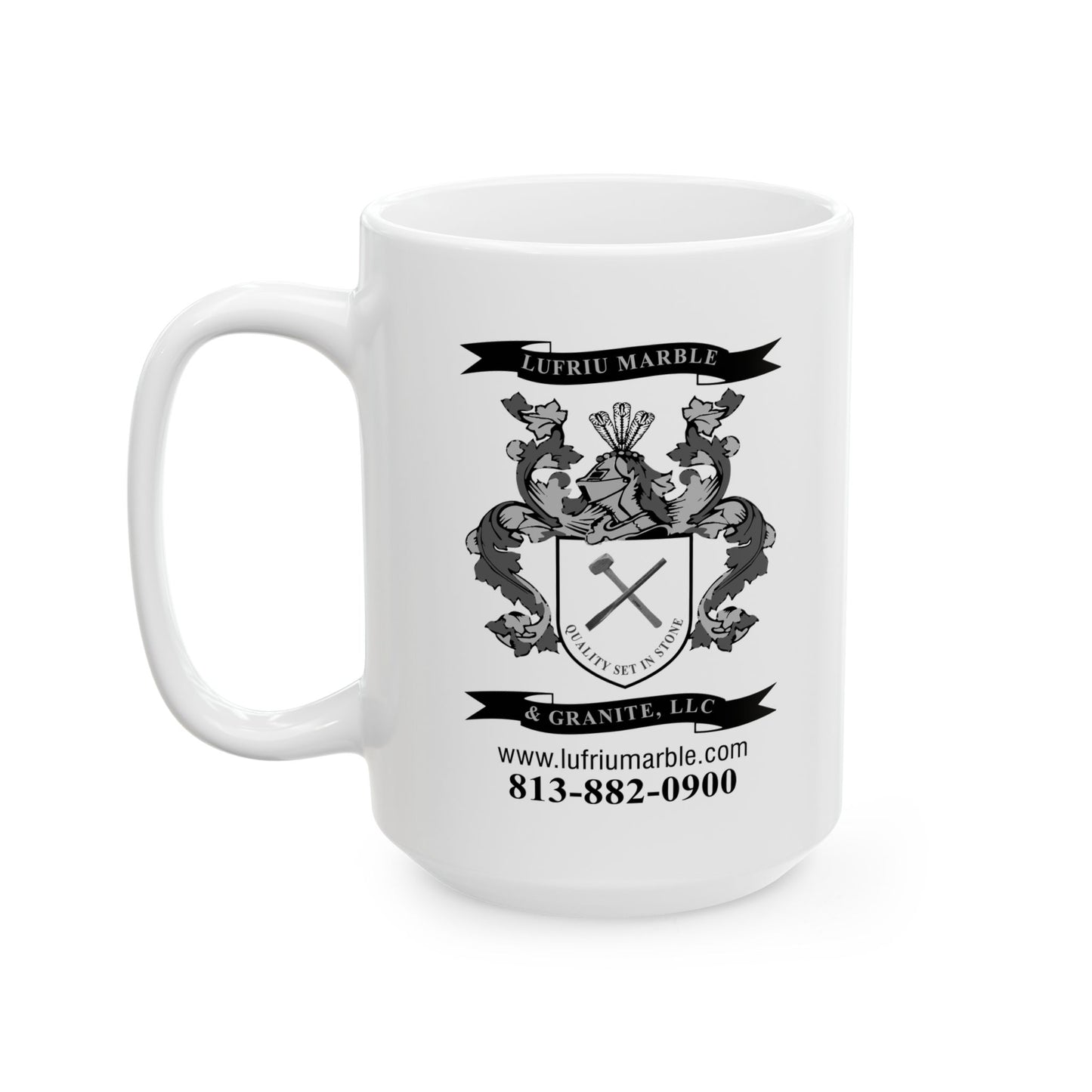 Lufriu marble and granite black and white logo coffee mug.