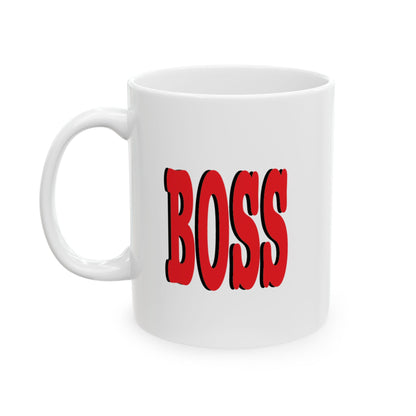 A white ceramic coffee mug featuring the word 'BOSS' printed in a bold, red font, against a plain white background.