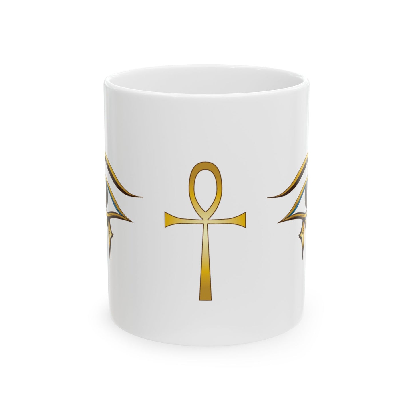 A white ceramic mug featuring a gold Egyptian ankh symbol printed on the front, flanked by stylized gold wing-like motifs on either side, set against a plain white background.
