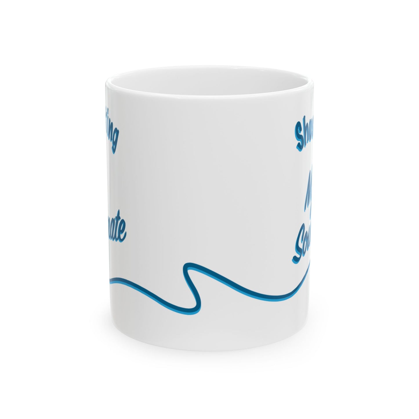 A white ceramic mug with blue text and a blue wavy line graphic, shown on a clean white background.