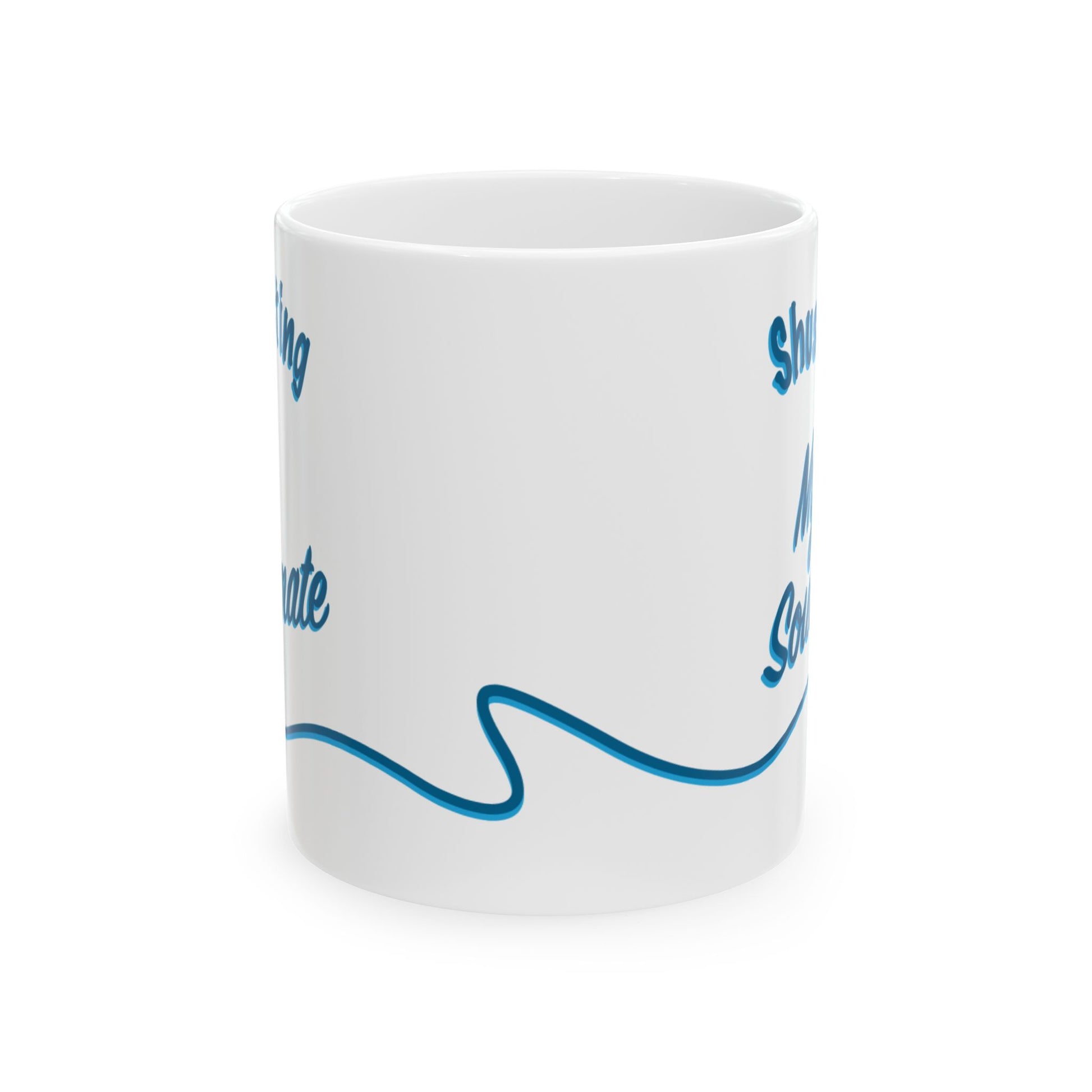 A white ceramic mug with blue text and a blue wavy line graphic, shown on a clean white background.