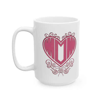 15oz White ceramic mug with "Mom" printed in pink text inside a heart with decorative filigree, on a white background.