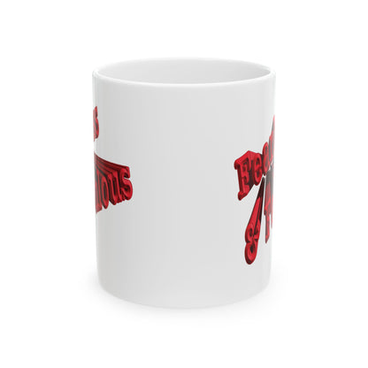 A white ceramic mug with a graphic design partially visible on the sides, front center shown against a plain white background