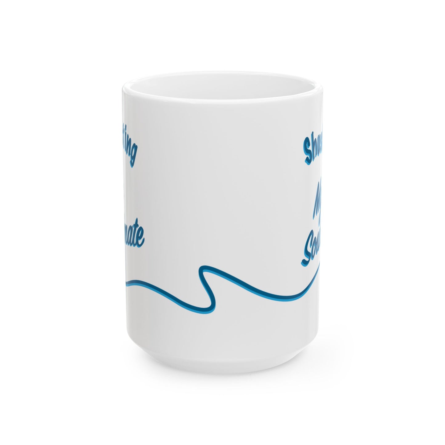 A white ceramic mug with blue text and a wavy line graphic, shown on a plain white background.