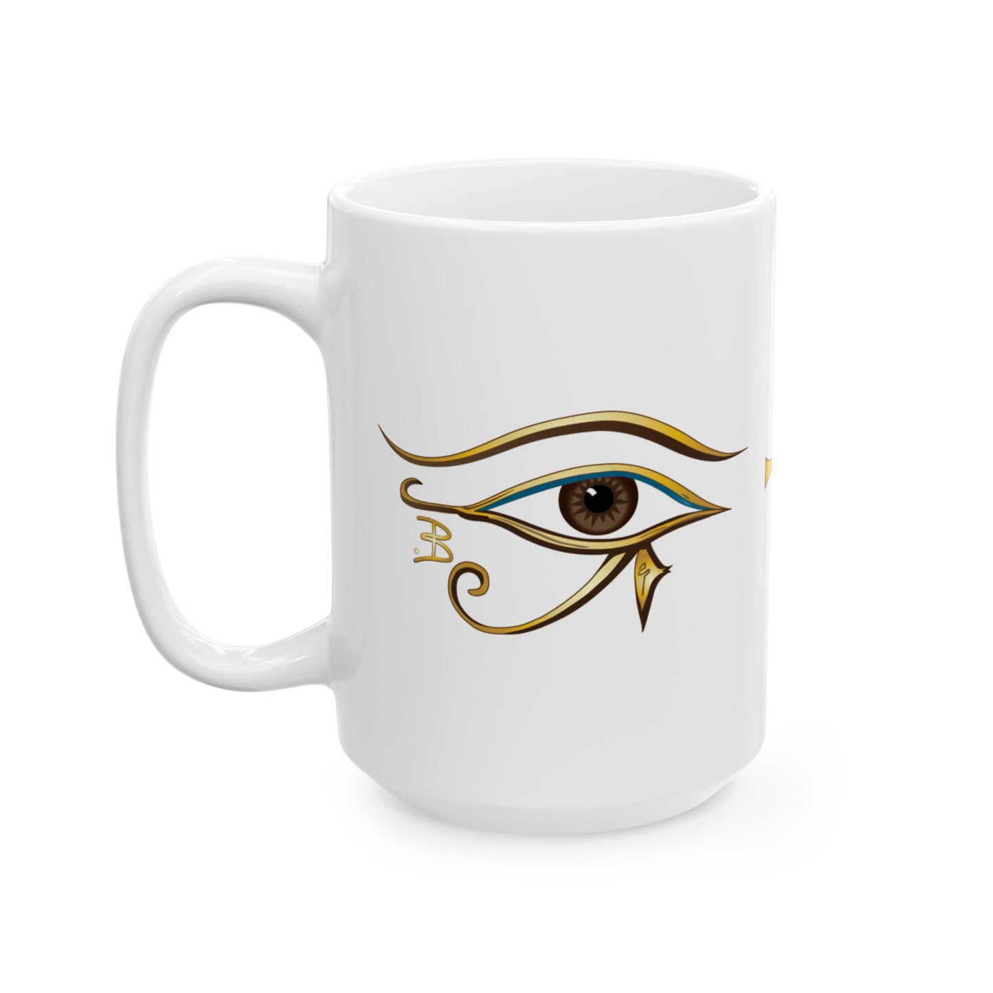 A white ceramic coffee mug featuring a stylized Egyptian Eye of Horus graphic printed on the side, set against a plain white background.