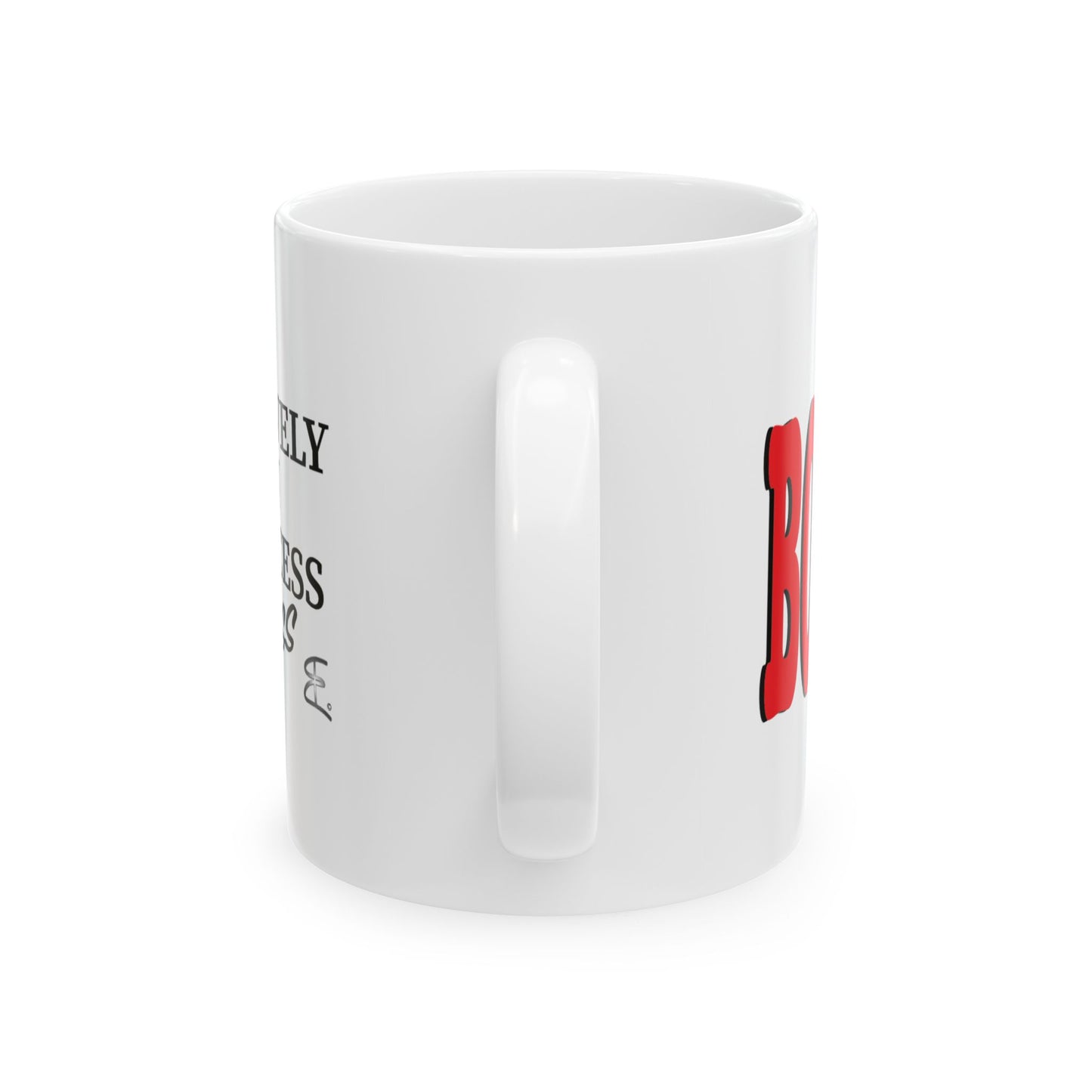 A white ceramic coffee mug with a glossy finish, with partial tex showing on either side against a plain white background.