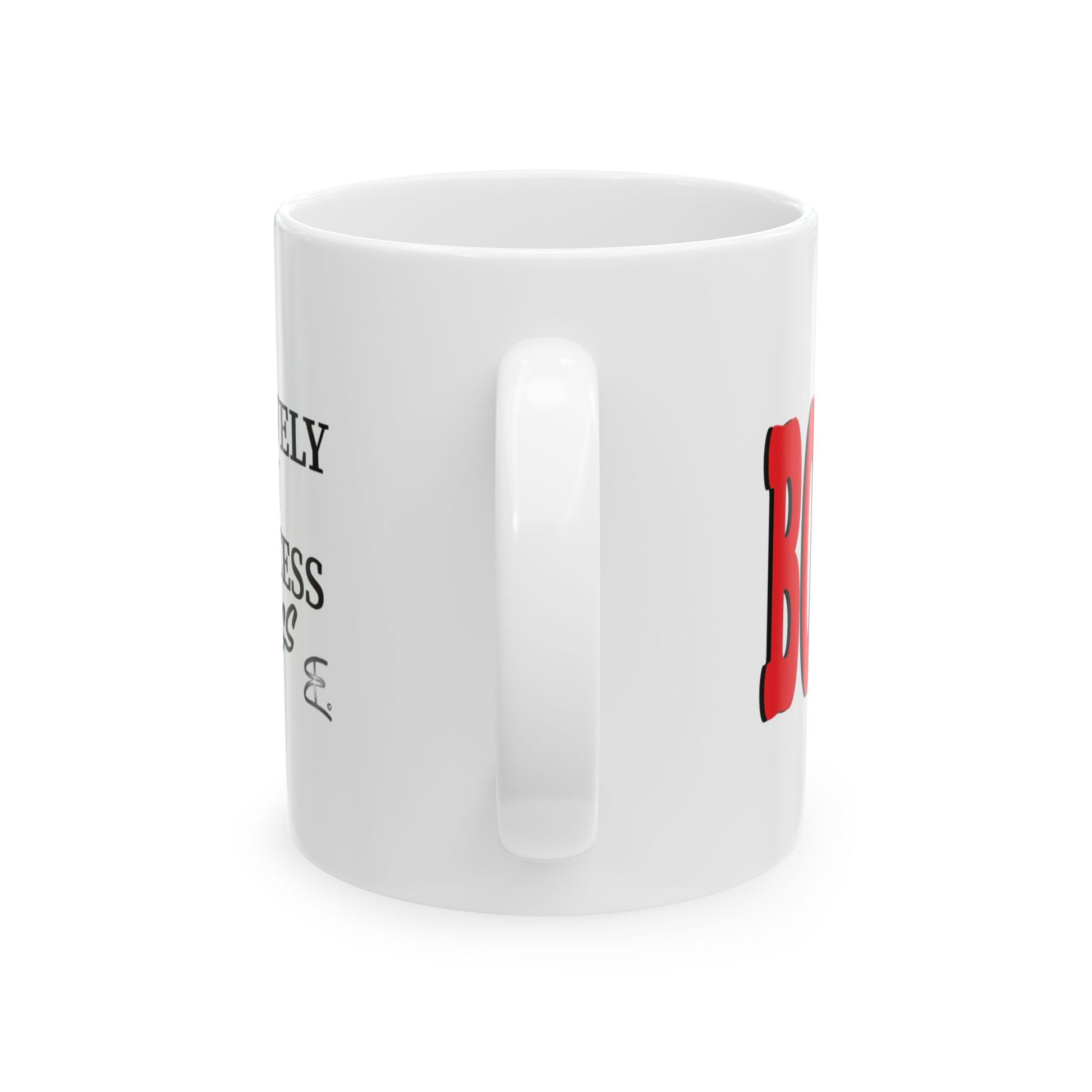 A white ceramic coffee mug with a glossy finish, with partial tex showing on either side against a plain white background.