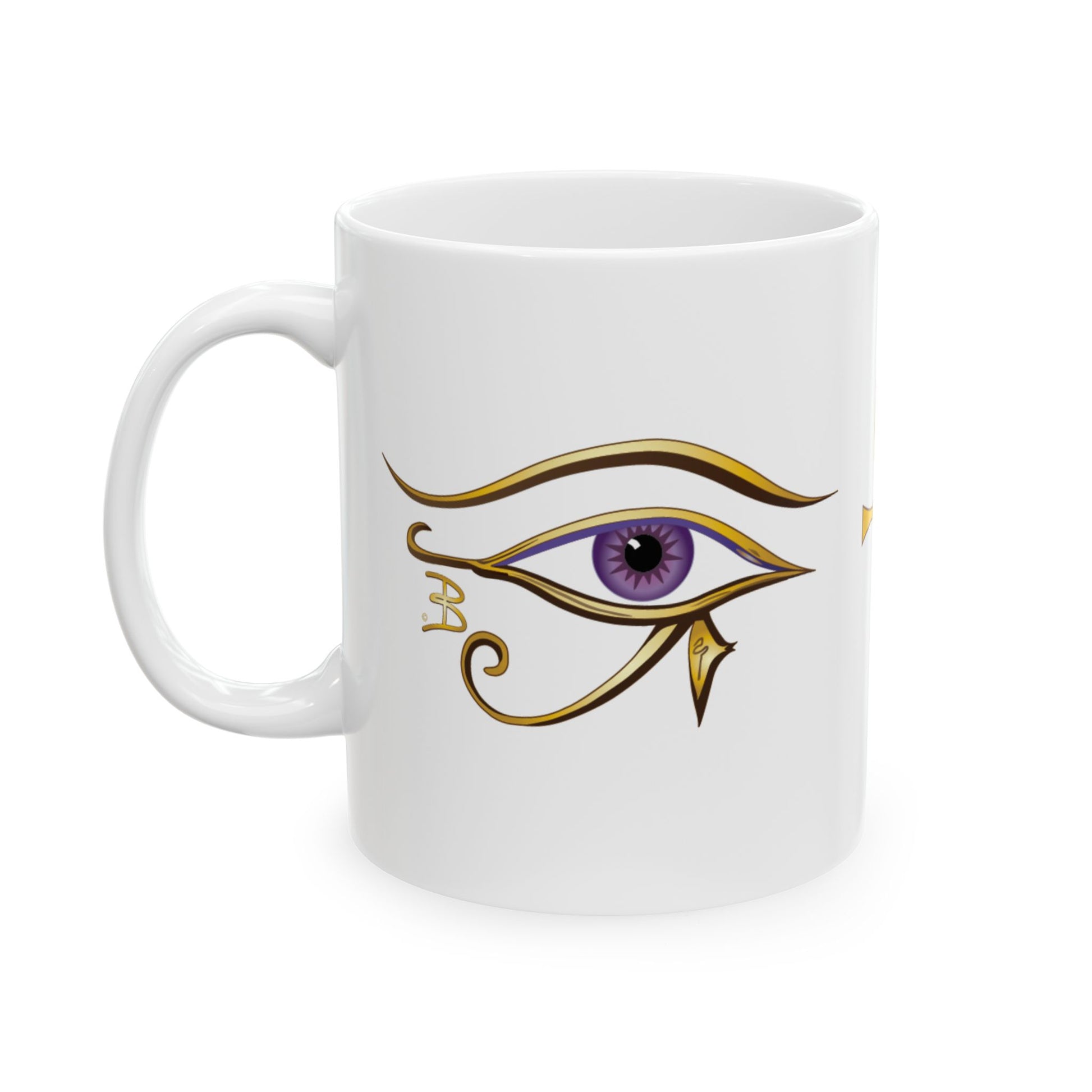 A white ceramic mug featuring a stylized Egyptian Eye of Horus design with a purple iris and gold details, set against a plain white background.