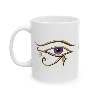 A white ceramic mug featuring a stylized Egyptian Eye of Horus design with a purple iris and gold details, set against a plain white background.