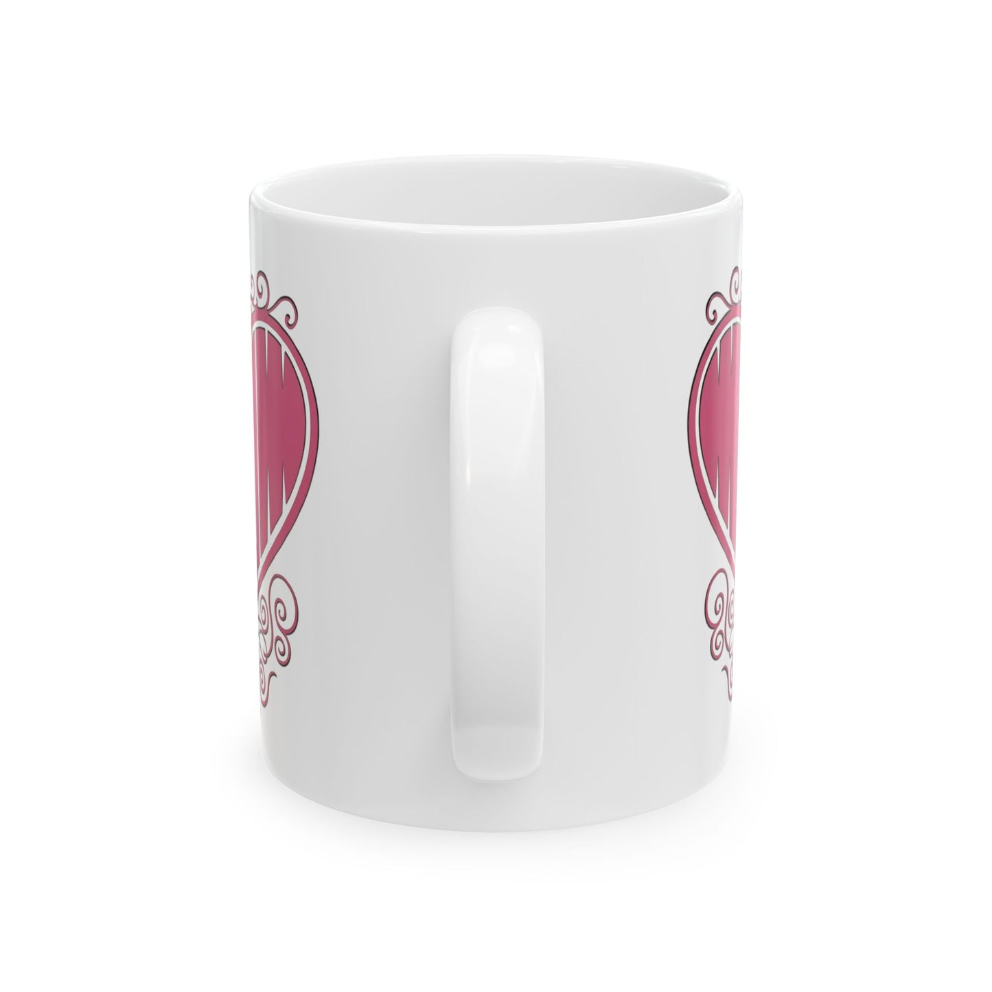 Back view of white ceramic mug showing "Mom" printed in pink text inside a heart with filigree, printed on the reverse side.