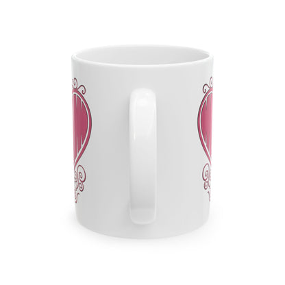 Back view of white ceramic mug showing "Mom" printed in pink text inside a heart with filigree, printed on the reverse side.