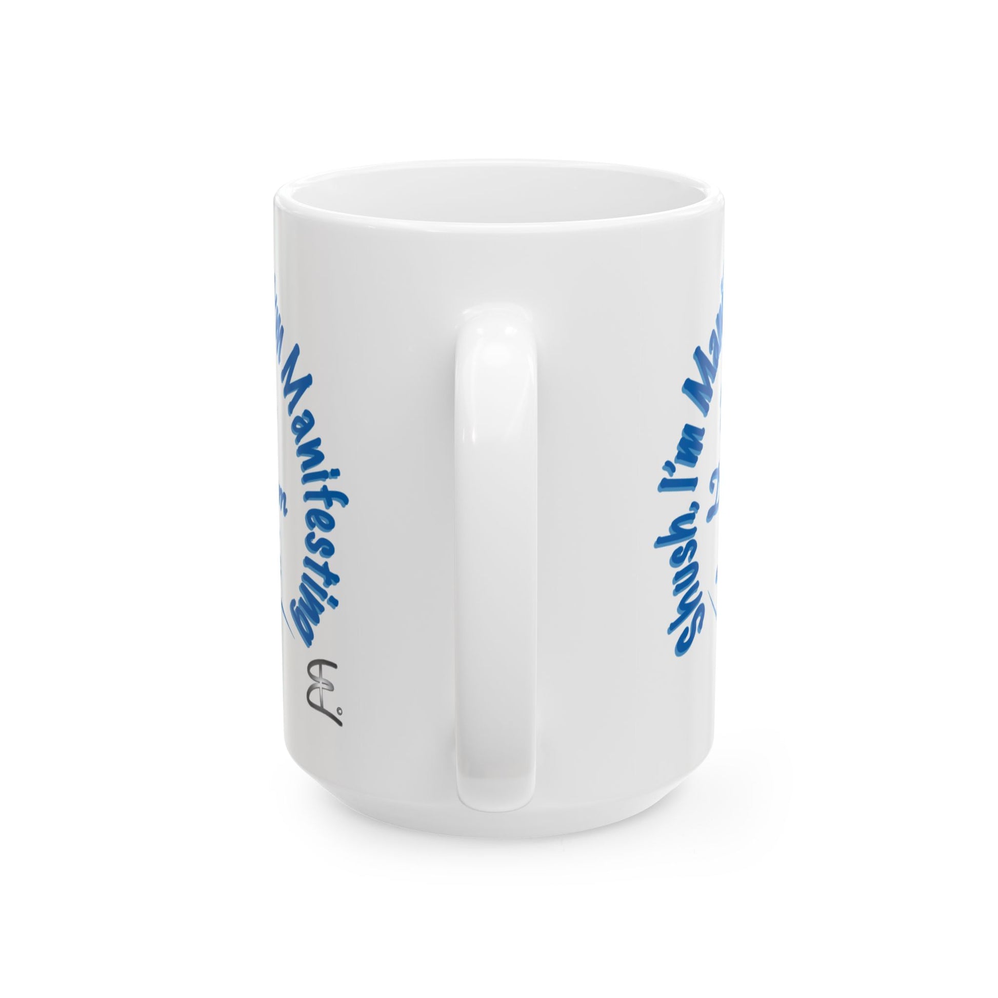 A white 15oz ceramic coffee mug with blue text printed on the sides, back or handle view shown against a plain white background.
