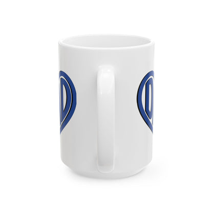 White mug with "Dad" text inside a heart.